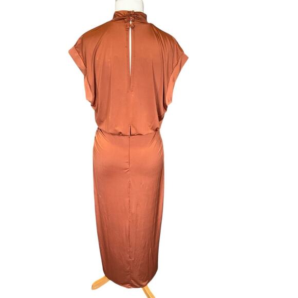 Revolve Krisa Dress Medium Mockneck Midi Slit on Leg Elegant Open Back Brown - Picture 2 of 13